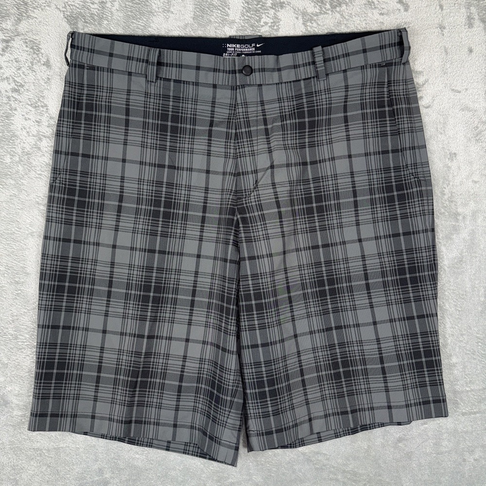 Nike Golf Shorts Mens 38 Black Gray Plaid 12" Chino Dri Fit Tour‎ Performance